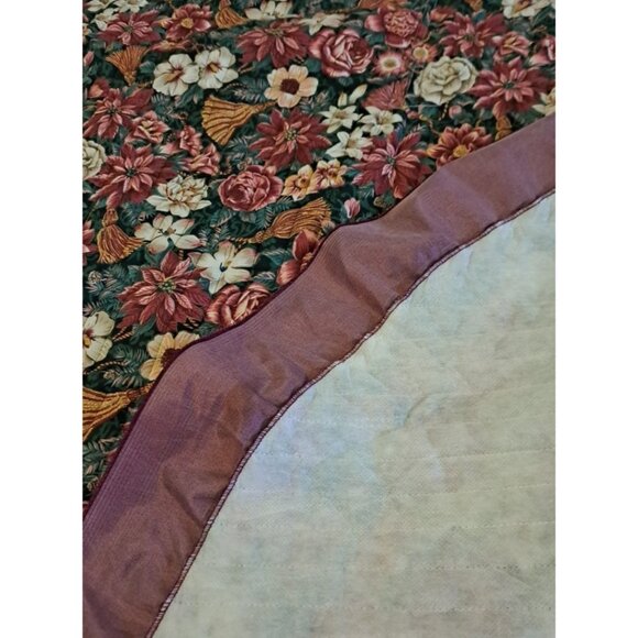 Vintage Christmas Tree Skirt Tablecloth Burgundy Satin Trim Quilted Floral 57" - Picture 4 of 4